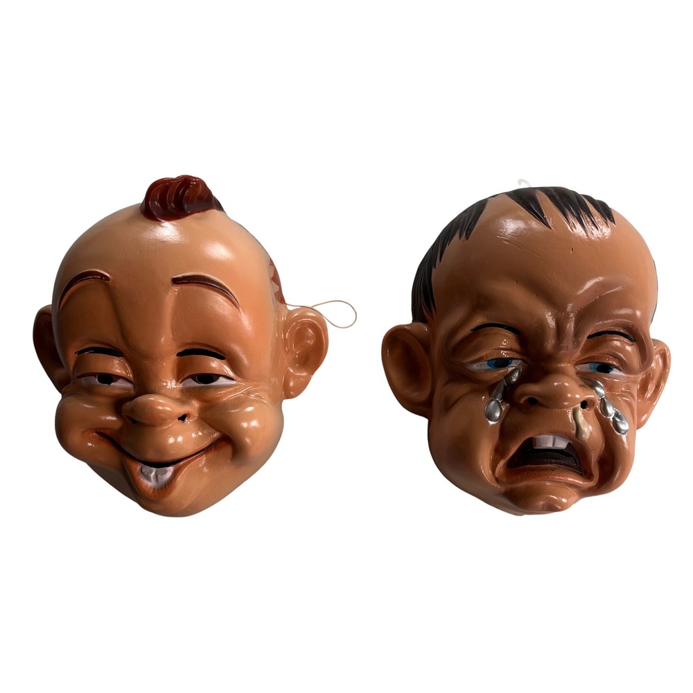 Vintage NOS Baby Face Masks Set Crying Smiling Plastic Halloween Retro